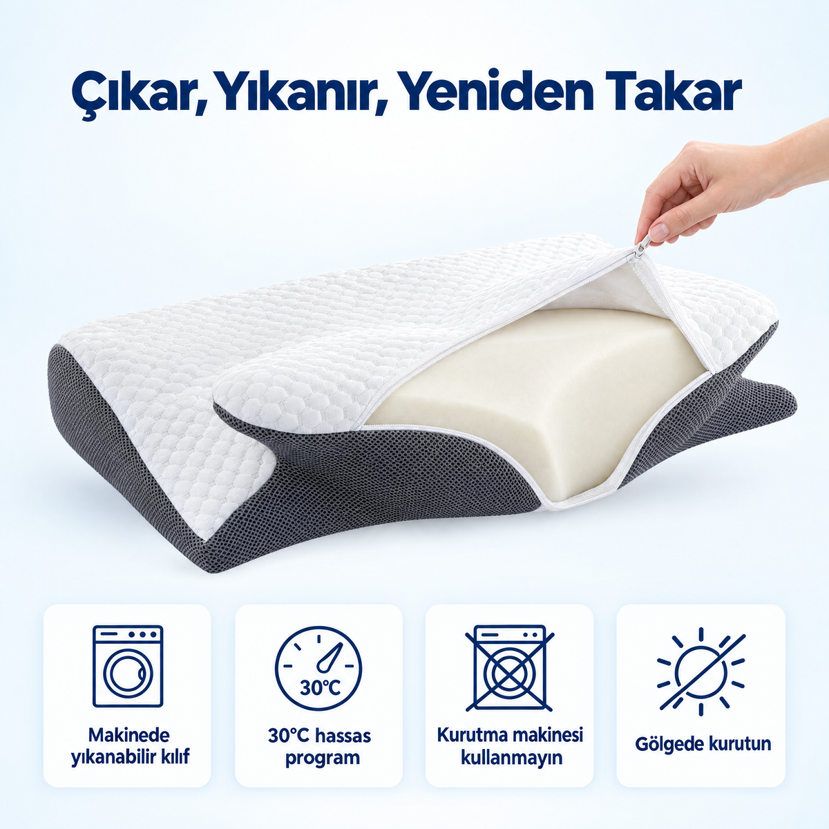 Çıkarılabilir kılıf — 30°C'de makinede yıkanabilir